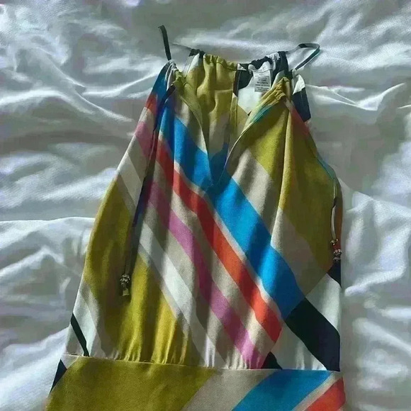 Y2K Vintage Rare Halter Maxi Slip Dress Open Back Flowy Silky Boho Stripe Caché - Picture 4 of 12